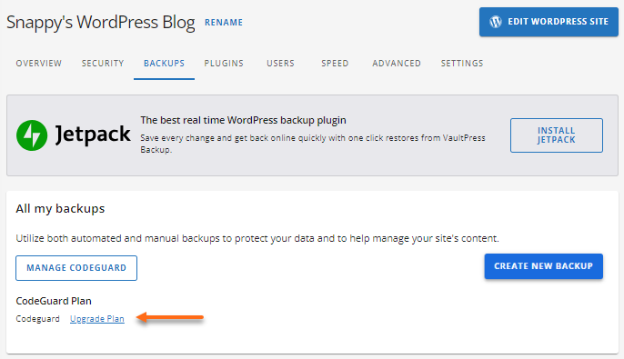 CodeGuard - Upgrade Plan link