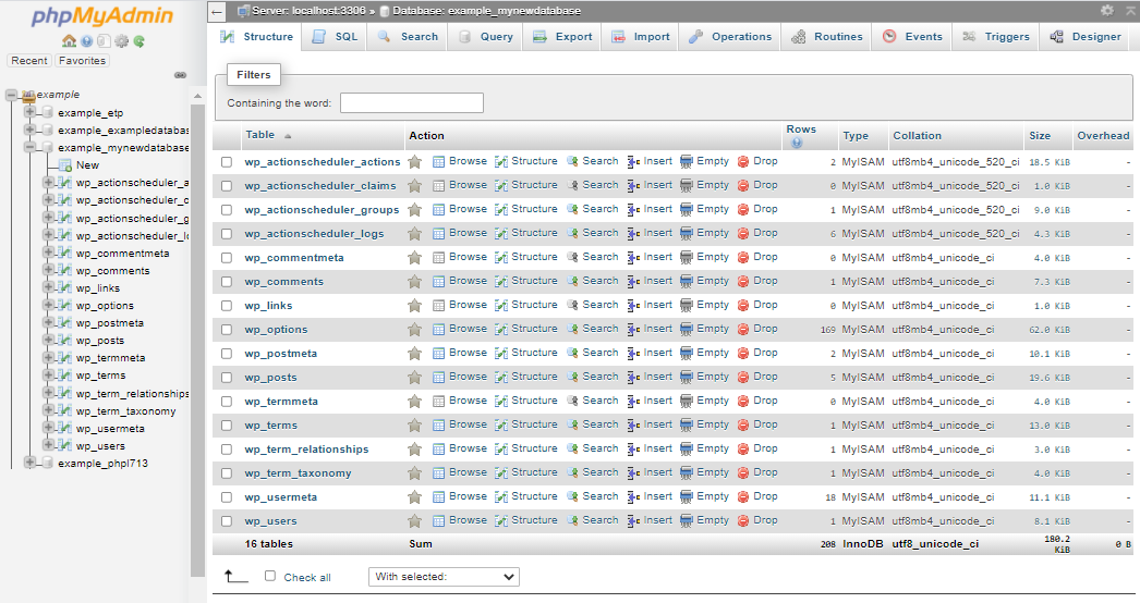 Select Database - Action and Tabs