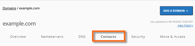 Customer Portal - Domains tab - Contacts tab