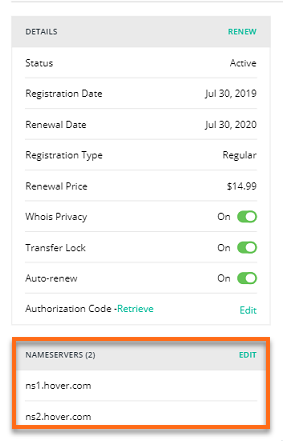 HostGator Hover Overview Page Nameservers Section