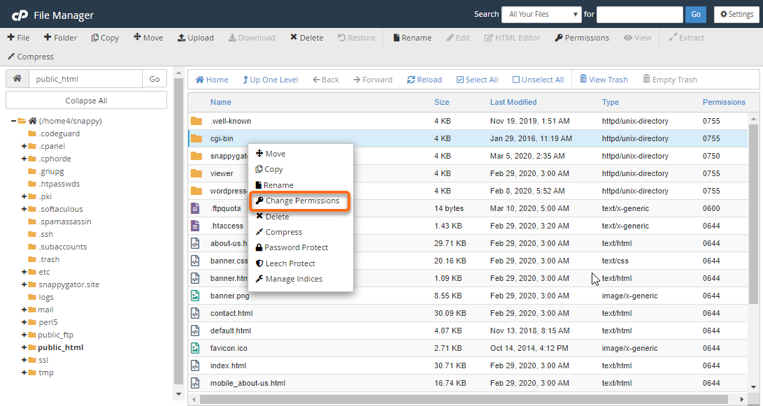 HostGator cPanel Change File Permissions