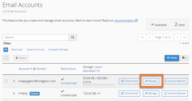 Email Accounts - Manage