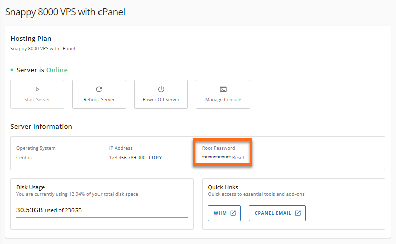 VPS/Dedicated hosting plan - Root Password - Reset