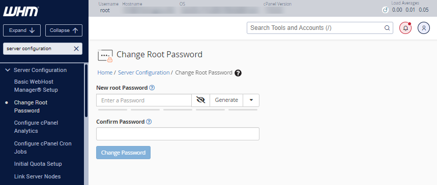 WHM - Enter new root password