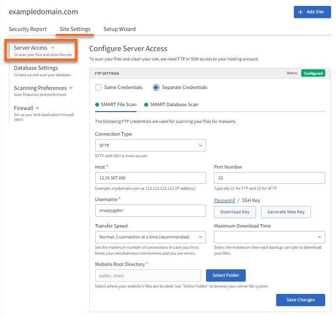 Site Settings tab - Server Access tab - Configure Server Access