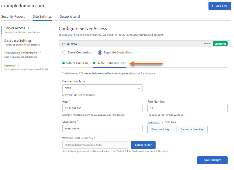 Configure Server Access - SMART Database Scan tab