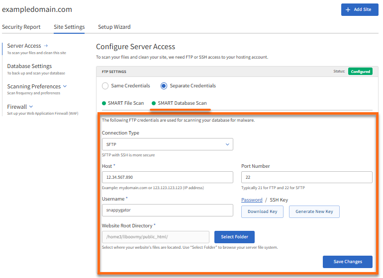 SMART Database Scan tab - Enter FTP credentials