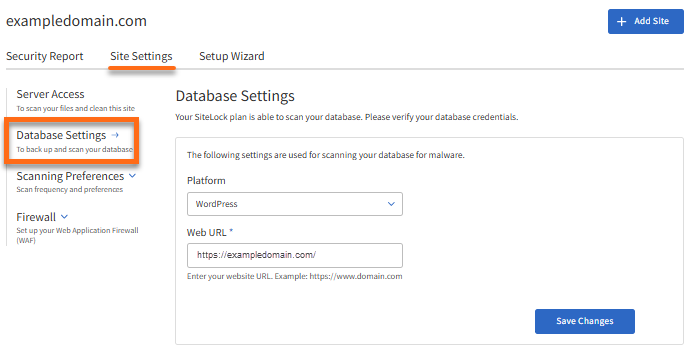 Site Settings tab - Database Settings tab
