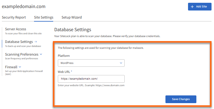 Site Settings tab - Database Settings tab - Enter details