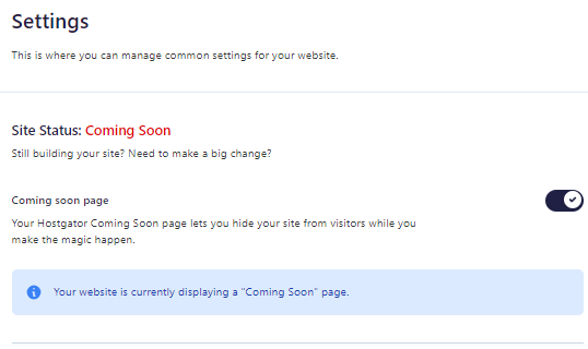 HostGator plugin - Settings tab - Site Status
