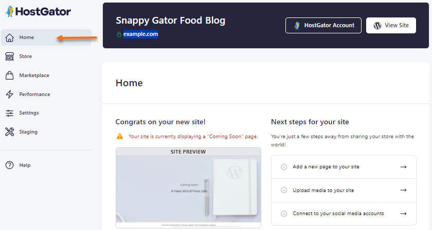 HostGator plugin - Home tab
