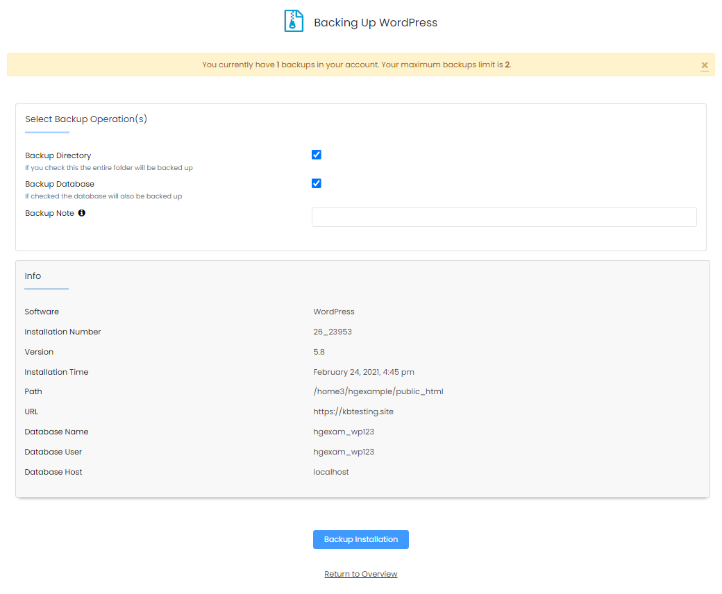 HostGator cPanel Softaculous Backup Details