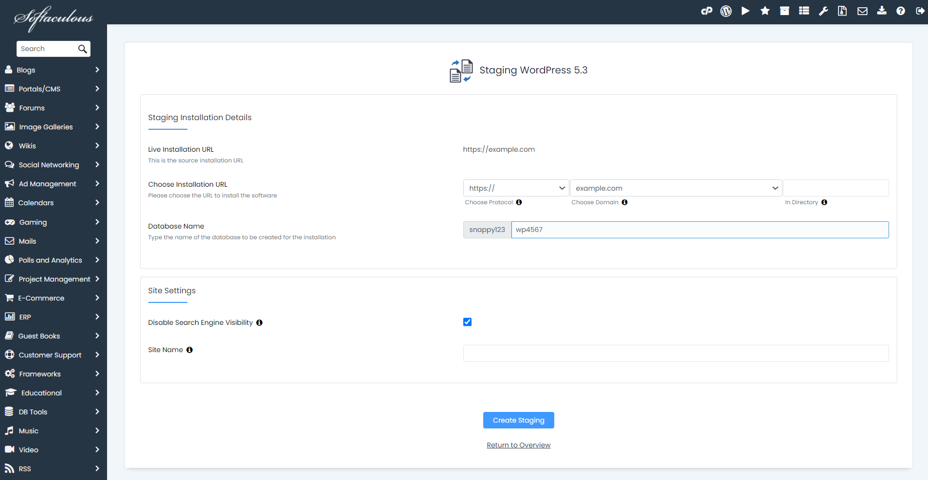 cPanel - Softaculous Apps Installer - Create Staging Options