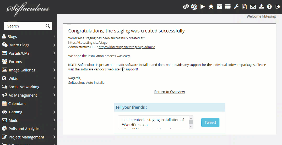 cPanel - Softaculous Apps Installer - Navigating Staging Site GIF
