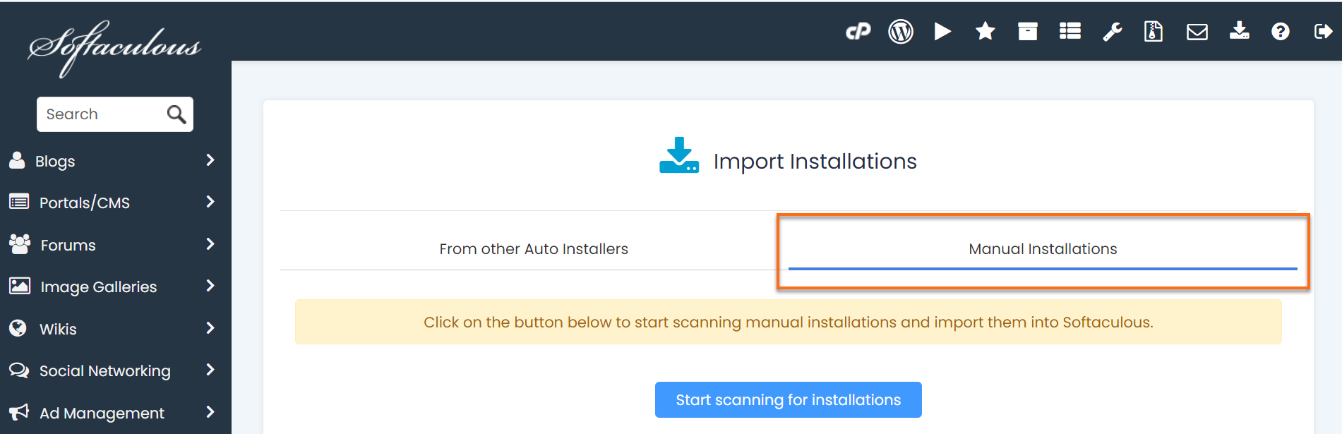 Softaculous Manual Installations tab
