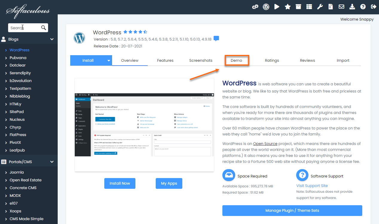 Softaculous - Script&#39;s Demo Tab