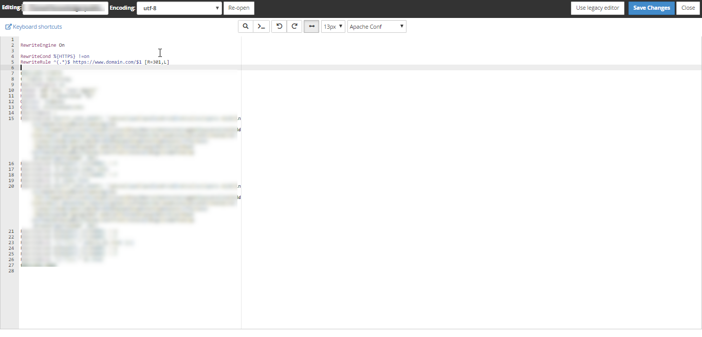 HostGator - cPanel - File Manager - .htaccess File - Edit Code