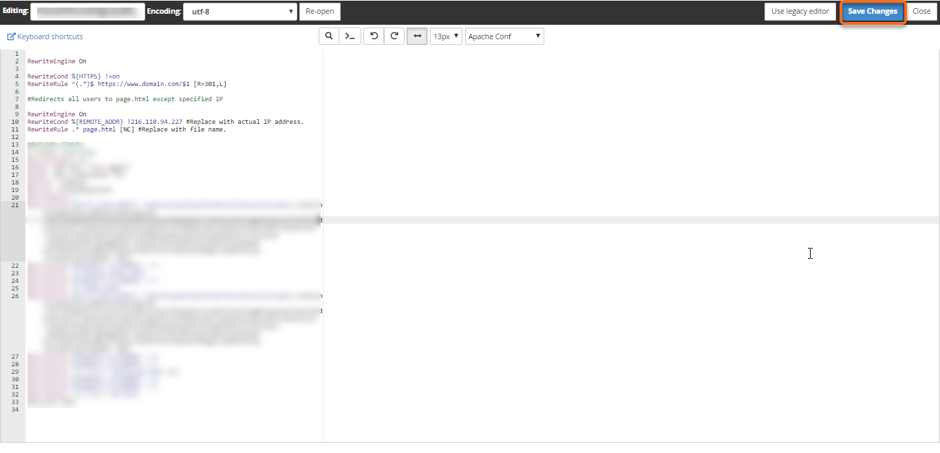 HostGator - cPanel - File Manager - .htaccess File - Save Changes