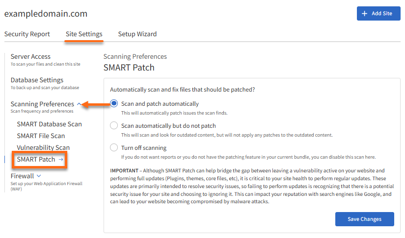 SiteLock - Scanning Preferences - SMART Patch