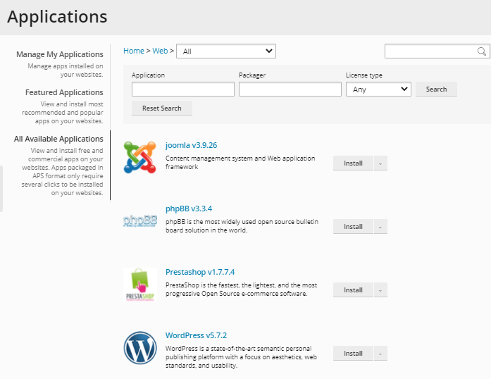 Plesk - Choose Application