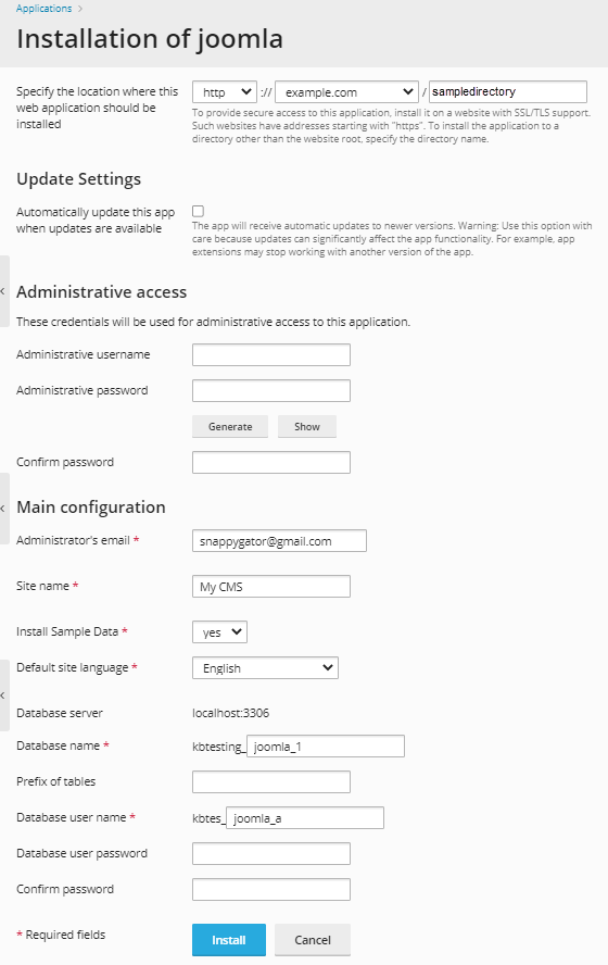 Plesk - All Applications - Enter Details