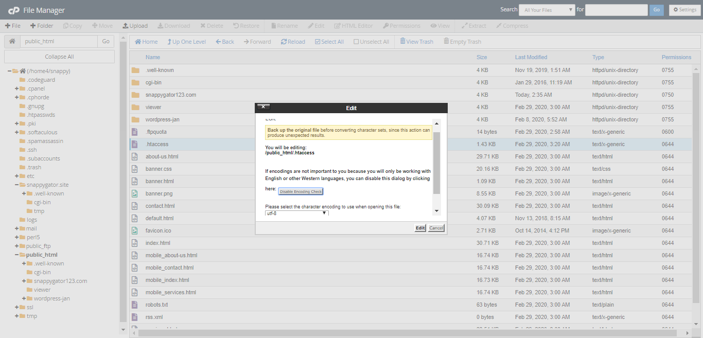HostGator - cPanel - File Manager - .htaccess File - Edit Confirmation Prompt
