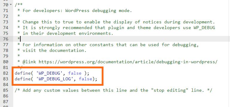 Define WP Debug Log False