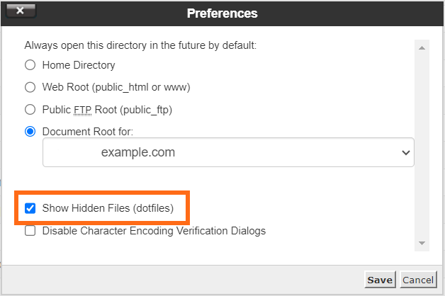 cPanel show hidden files