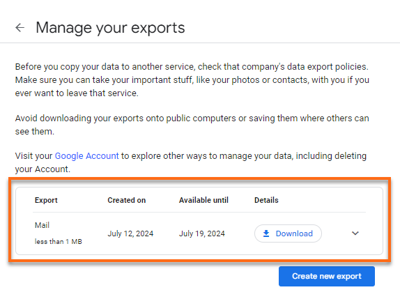 Manage your exports page