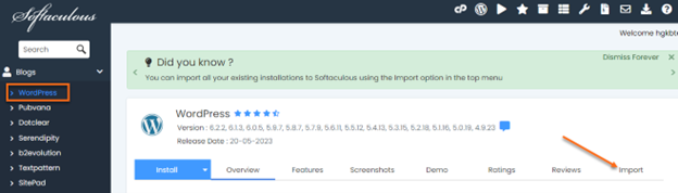 Softaculous import tab