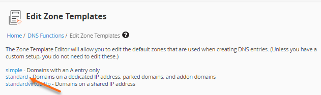 WHM - DNS Functions - Edit Zone Templates