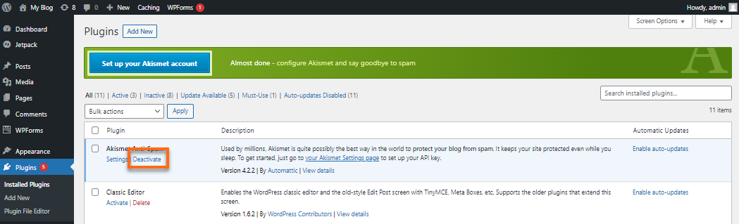 WordPress - Plugins - Deactivate