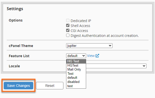 HostGator - WHM Select Feature List