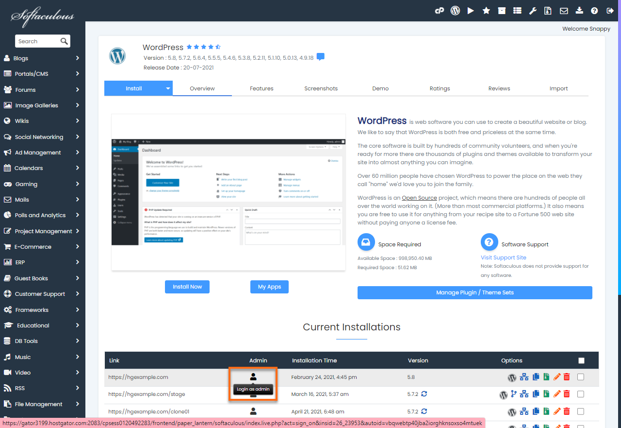 HostGator cPanel Softaculous WordPress Application Login