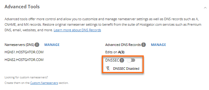 Domains - Advanced Tools - Inactive DNSSEC