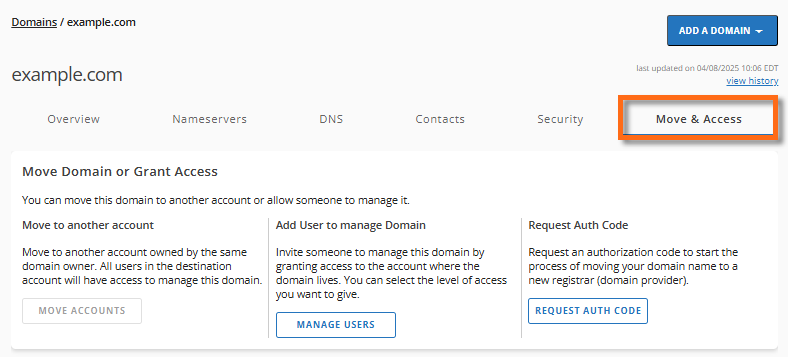 Domains tab - Move & Access menu