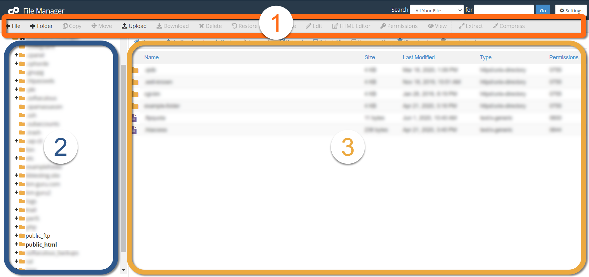 HostGator cPanel File Manager Sections Highlighted