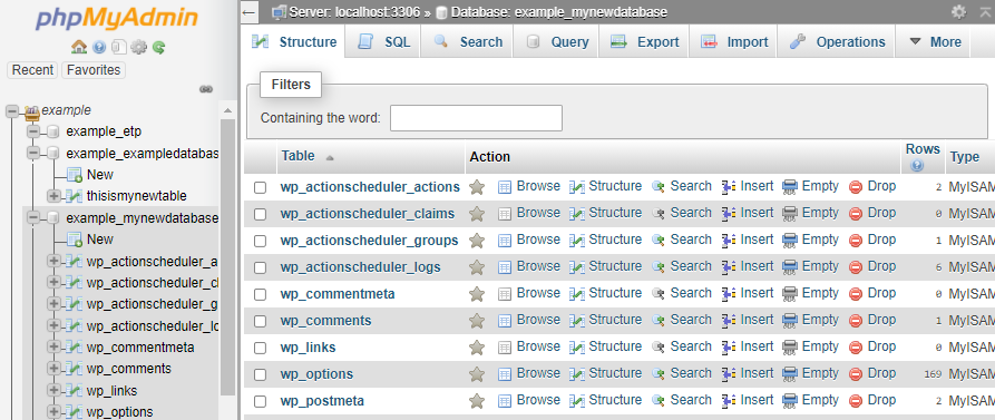 HostGator phpMyAdmin - Collapsed Tables