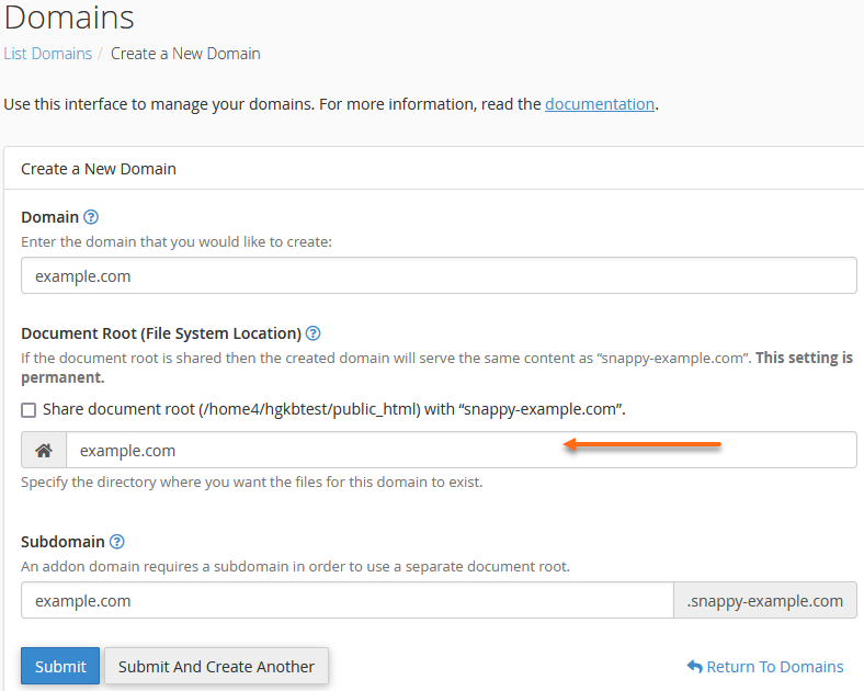 cPanel - Modify document root