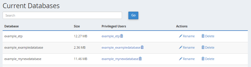 phpMyAdmin - Current Databses