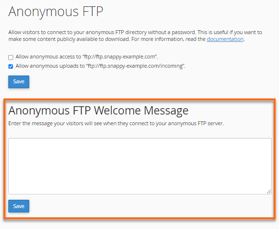 cPanel Anonymous FTP  Welcome Message
