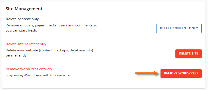 Uninstall a WordPress Site - Site Management section - Remove WordPress