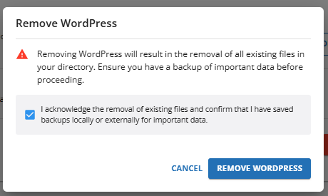 Uninstall a WordPress Site - Site Management section - Remove WordPress pop-up