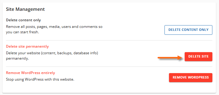 Uninstall a WordPress Site - Site Management section - Delete Site Permanently