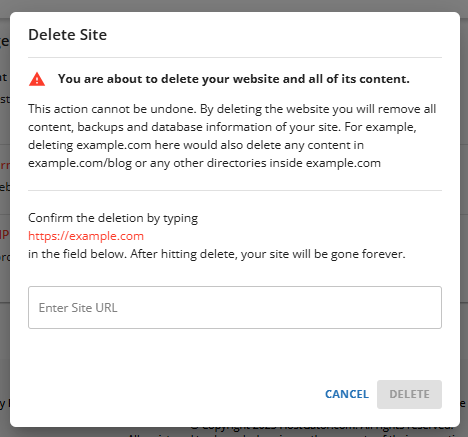 Uninstall a WordPress Site - Site Management section - Confirm Delete Site Permanently
