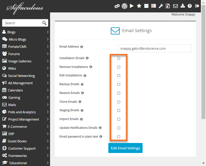 Softaculous Email Settings