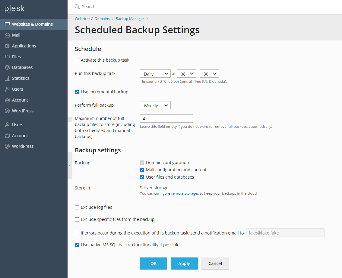 Scheduled backup settings