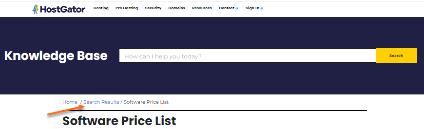 HostGator Search Portal - Breadcrumbs