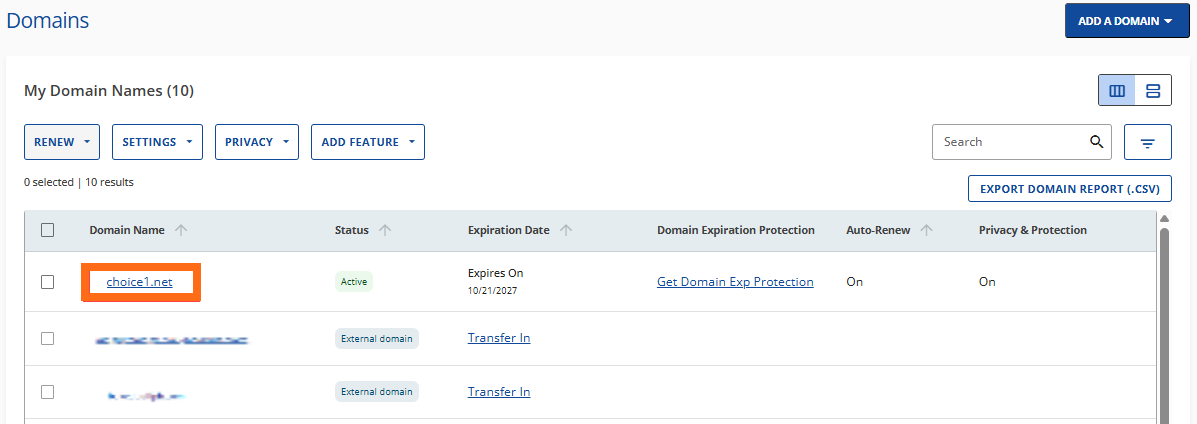 Domains Tab - Select Domain
