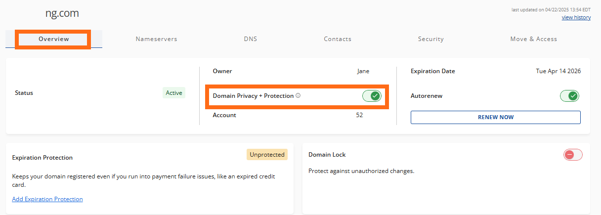 Domains Tab - Overview Tab - DPP